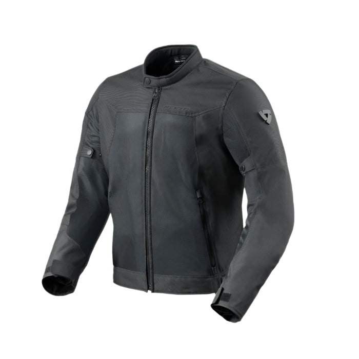 A gray motorcycle jacket with mesh panels and CE-rated protective armor, featuring multiple pockets and a loop for attaching to jeans.