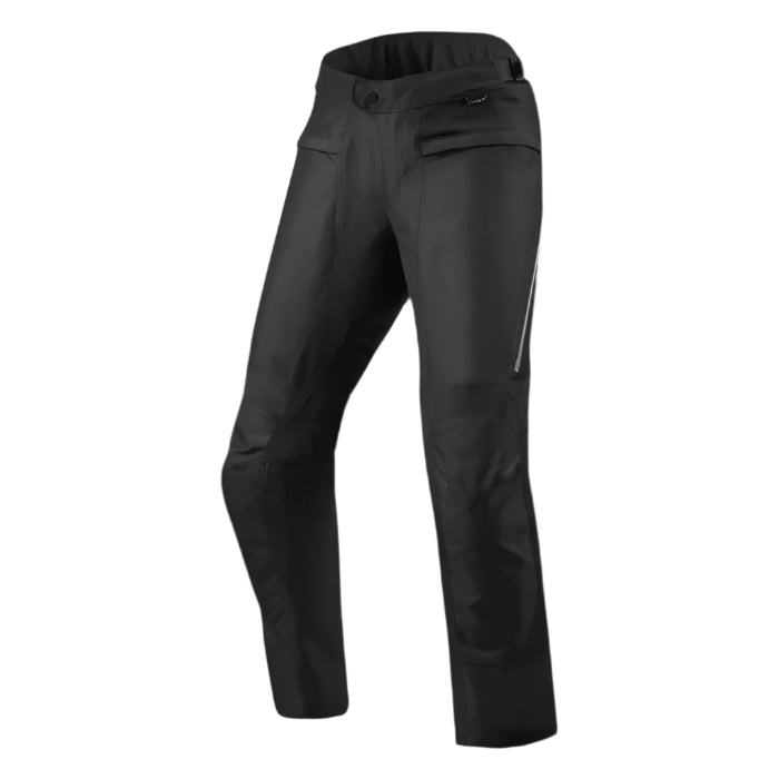 A pair of black motorcycle trousers with a mesh G-liner, thermal liner, and protective pockets, featuring a regular fit and grip panels on the seat and back.
