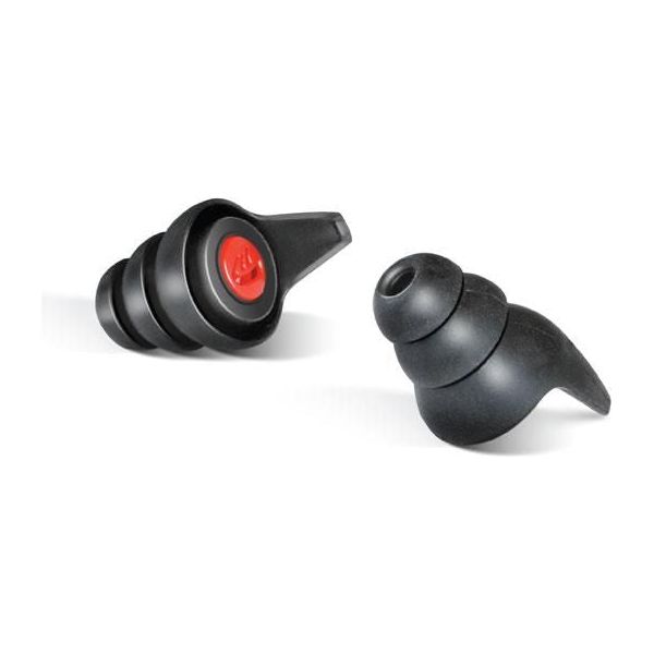 A pair of black silicone-free earplugs with a red filter, designed for hearing protection while riding motorcycles. The earplugs come with a case that has key and card holder functionalities.